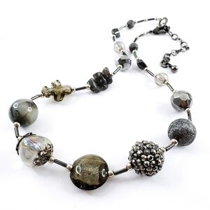 Art glass necklace with colors in grey, silver and metallic silver